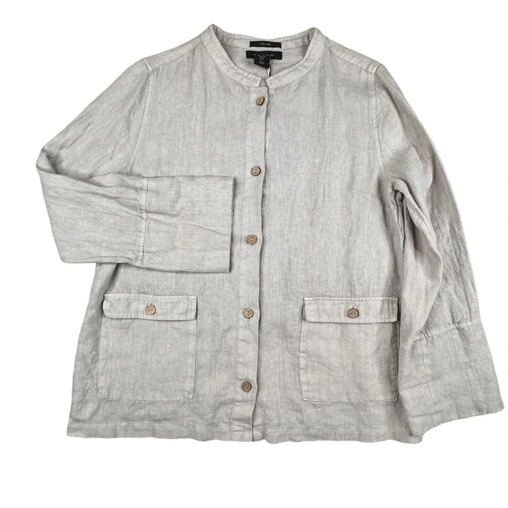 Tahari Linen Jacket. Lightweight Khaki Beige. Career Mature Lagenlook Organic. M
